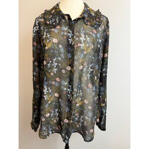 Cabi Small Black Floral Sheer Top Blouse Button Front Long Sleeve Goth Cottage